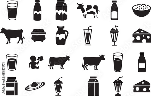 Milk and dairy product vector set  cow icons, milk cartons, cheese, yogurt, milkshake, dairy bottle, farm milk silhouettes, cereal bowl