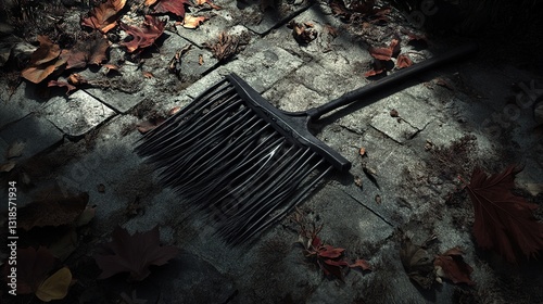 Obraz na płótnie Autumnal Rake: A Dark and Moody Garden Scene w salonie