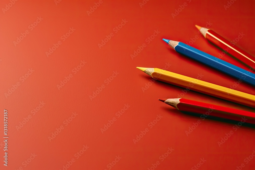 Vibrant Picture of a Red Table with Pencils Pens and Pencils on it Vibrant Picture of a Red Table with Pencils Pens and Pencils on it