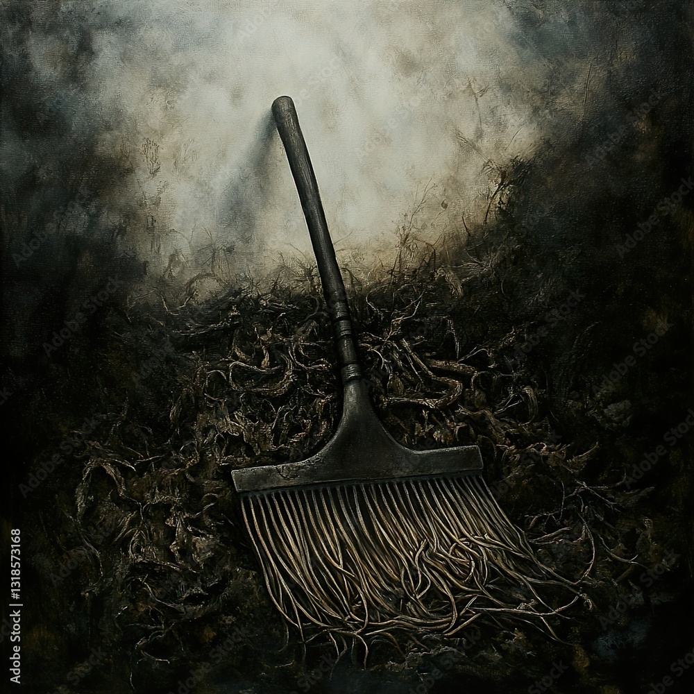 Rake and Fallen Leaves: A Dark Autumn Still Life