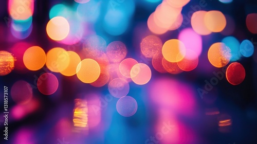 Vibrant bokeh lights in a city at night, creating a colorful and lively atmosphere
