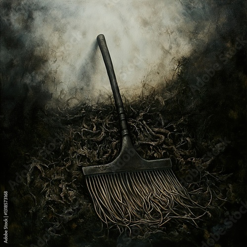 Obraz na płótnie Rake and Fallen Leaves: A Dark Autumn Still Life w salonie