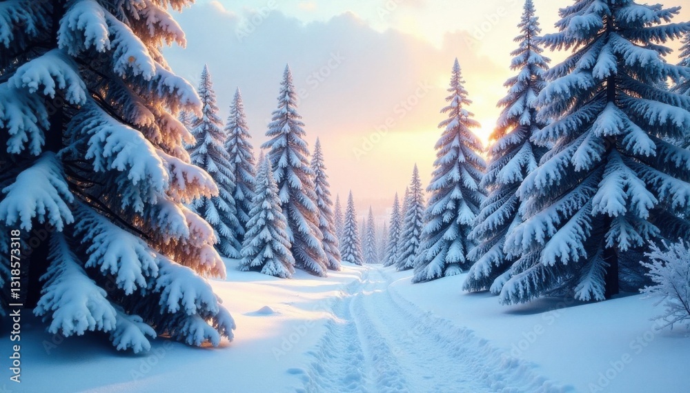 Naklejka premium Winter wonderland with snow-covered trees and frozen forest, bare, nature