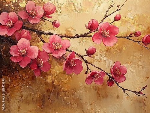 Elegant Oil Painting of Red Plum Blossoms on Golden Branches