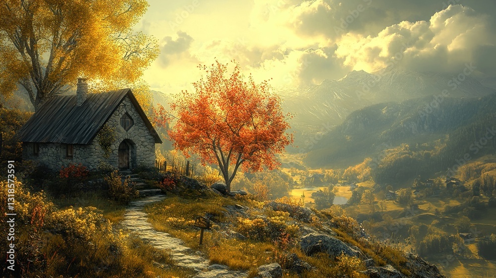 Autumn Cottage in Mountain Valley Landscape
