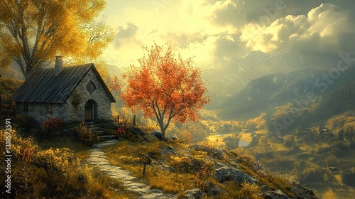 Obraz na płótnie Autumn Cottage in Mountain Valley Landscape w salonie