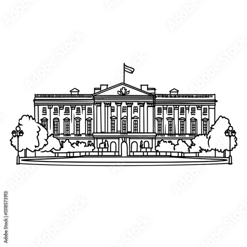 White House illustration in linear style with trees and flag  
