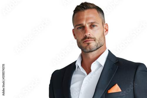 confident man in tailored suit with orange pocket square, exuding professionalism and style. His sharp features and focused gaze convey determination and success photo