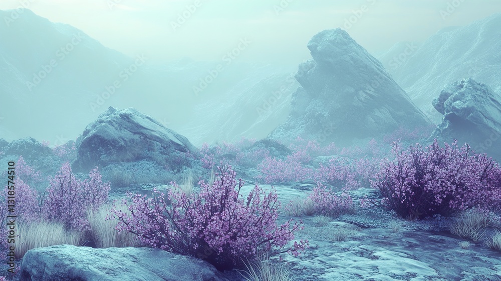 Misty Mountain Landscape with Pink Flowers