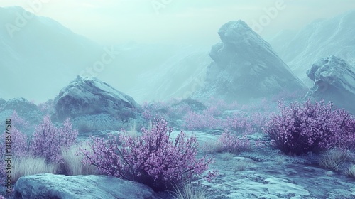 Obraz na płótnie Misty Mountain Landscape with Pink Flowers w salonie
