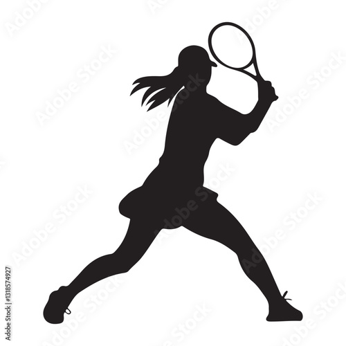 Female Tennis Player Silhouette – Racket Swing Action Vector