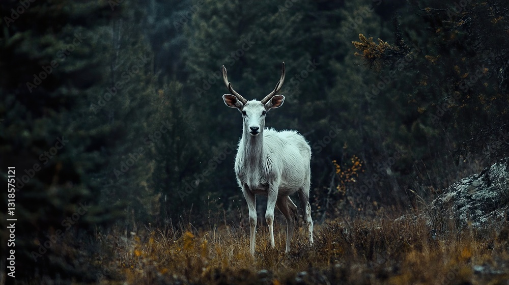 Majestic White Deer in Dark Forest: Wildlife Photography