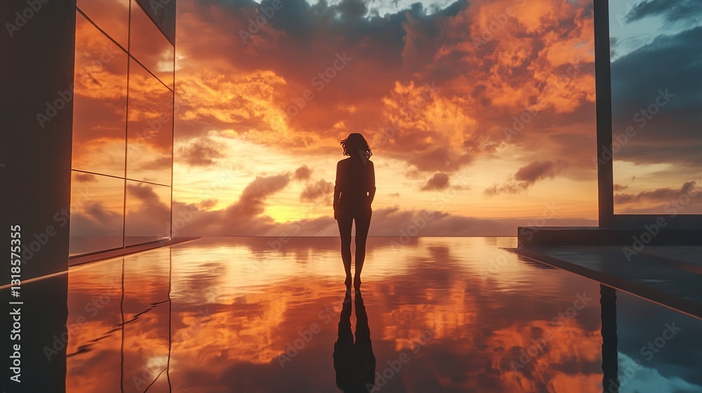 Woman Silhouetted at Sunset, Contemplating the Ocean