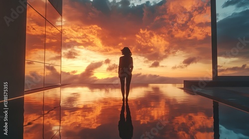 Obraz na płótnie Woman Silhouetted at Sunset, Contemplating the Ocean w salonie