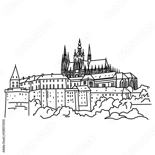 Gothic-style castle on a hill in line drawing