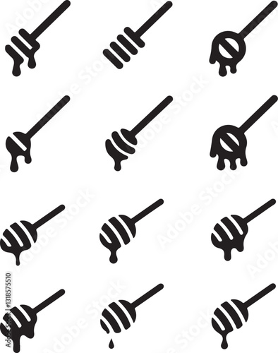 Honey dipper stick with dripping honey icon silhouettes
