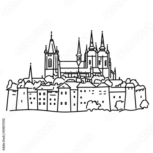 Castle on a hill in architectural sketch style