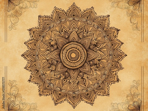 Indian Mandala Pattern in Henna Brown with Intricate Ethnic Border Details