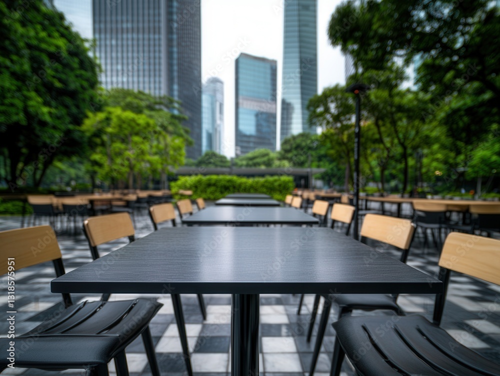 Obraz premium Outdoor seating area with modern tables and chairs in urban park setting, surrounded by skyscrapers and lush greenery. scene is peaceful and inviting, perfect for relaxation