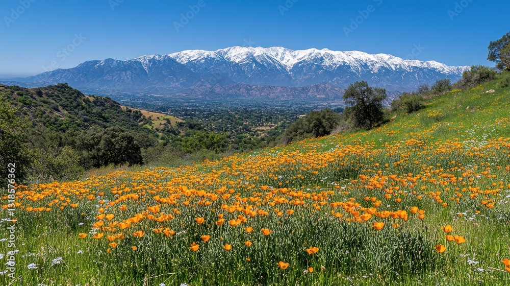 Fototapeta premium Spring wildflowers blanket hillside, snow-capped mountains in background