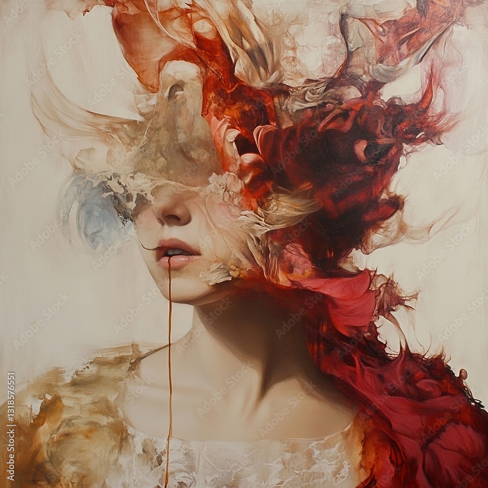 Abstract Portrait: Ethereal Woman in Red and Brown Hues