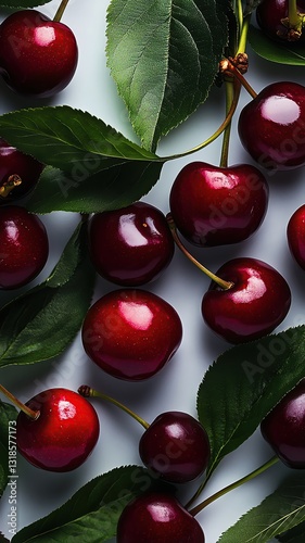 Fresh cherries with vibrant green leaves.