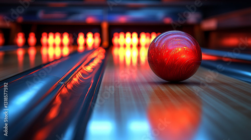 A vibrant red bowling ball poised on the lane, ready for fun! Enjoy a night of striking competition leisure, with holiday celebration feelings.
