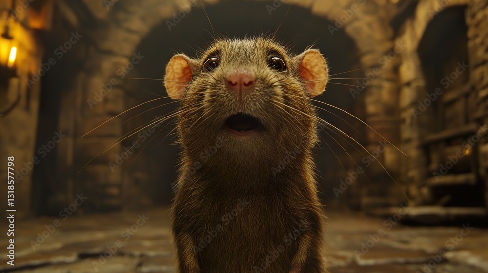 Closeup of a Surprised Rat in a Mysterious Dungeon