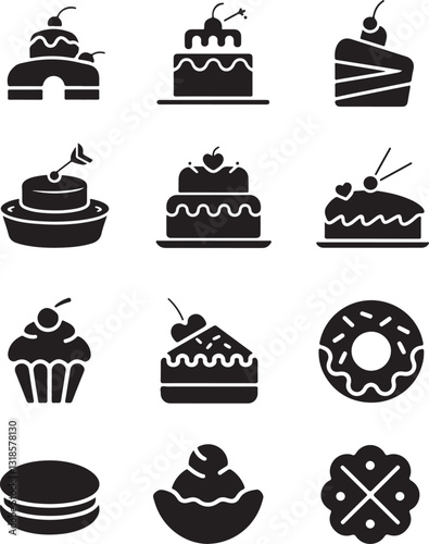 Cake dessert icons silhouettes