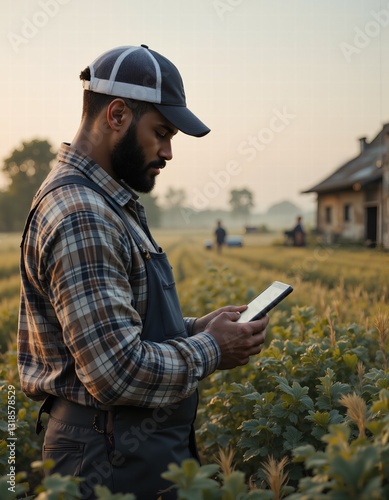 Modern agriculture: farmer using technology in crop management at sunrise farm photo