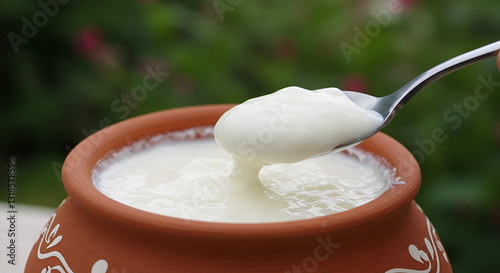A rustic clay pot adorned with white patterns, containing thick, homemade yogurt being scooped out with a silver spoon
