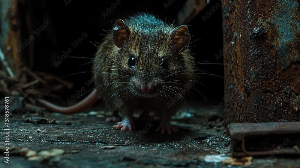 Closeup of a Rat in Dark and Rusty Environment