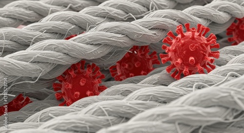 Virus infection prevention, disease control. Red virus particles stopped, trapped, stuck sticking to textile weaving cloth fabric fibers threads, highly detailed microscopic view. Healthcare, medical