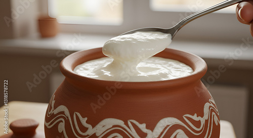 A rustic clay pot adorned with white patterns, containing thick, homemade yogurt being scooped out with a silver spoon
