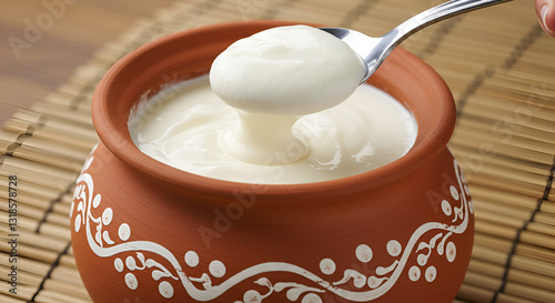A rustic clay pot adorned with white patterns, containing thick, homemade yogurt being scooped out with a silver spoon