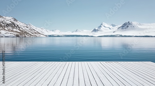 Serene Winter Landscape: Snowy Mountains and Calm Lake with Wooden Dock