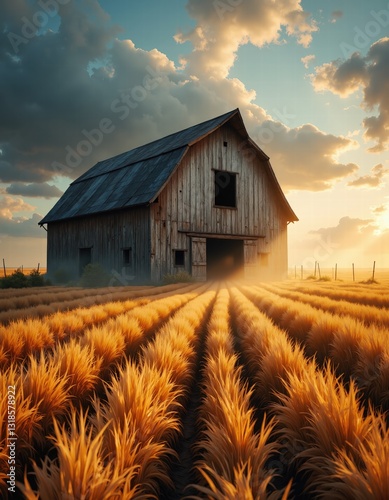 Rustic barn at sunset in golden field - captivating countryside landscape for autumn design inspiration photo