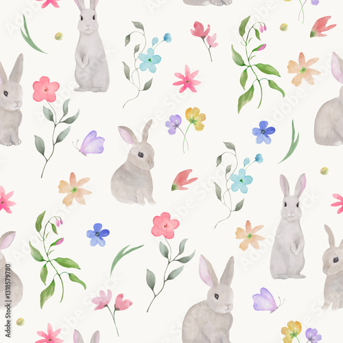 Seamless watercolor pattern with spring floral, easter bunnies. Hand drawn illustration. Vector EPS.