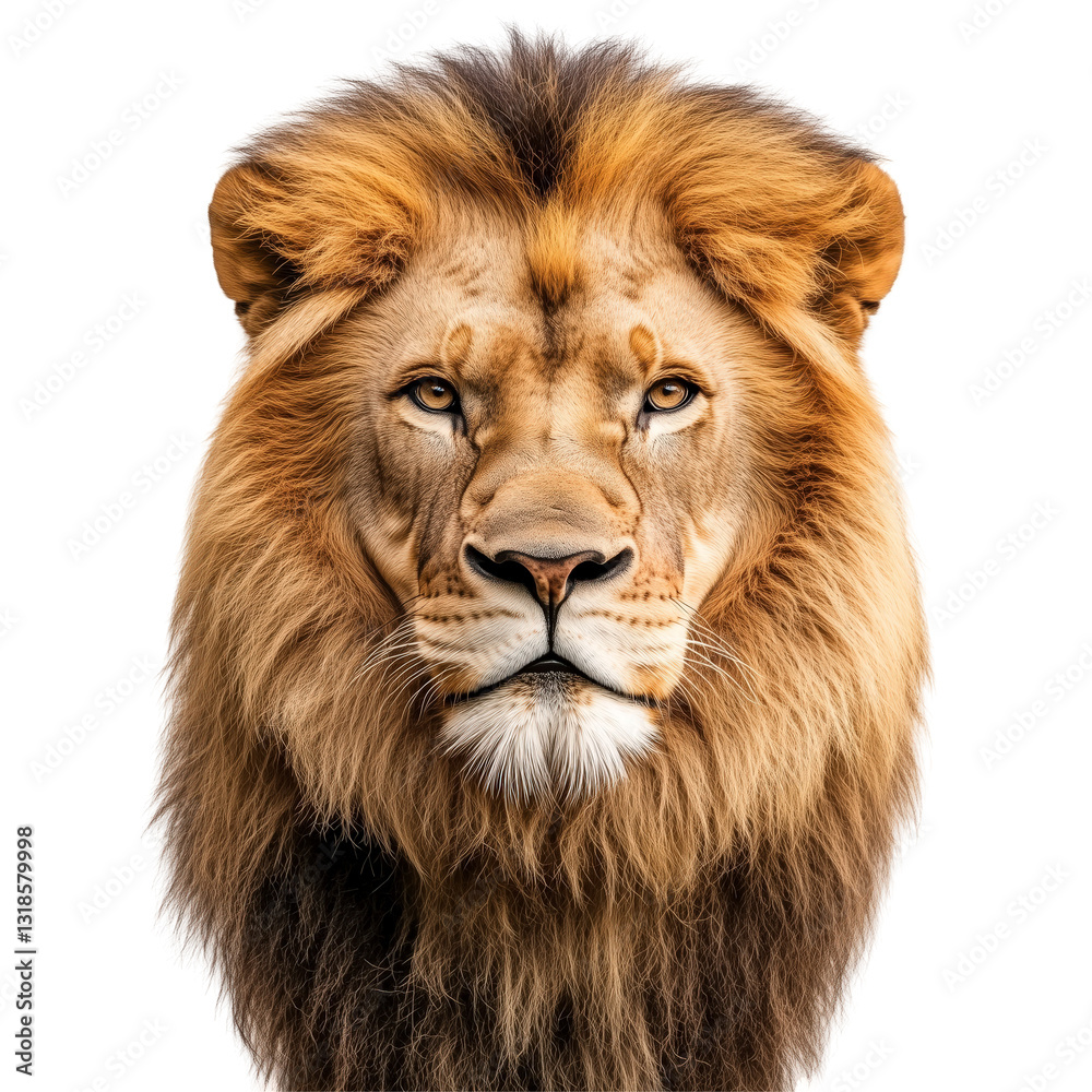 Obraz premium Majestic Lion Portrait: A close-up headshot of a stunning male lion, showcasing his thick, flowing mane, piercing gaze, and the raw power and beauty of the king of the jungle.