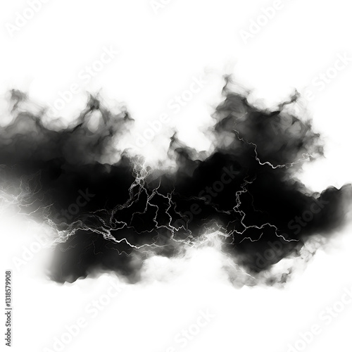Black smoke storm clouds with fire and lightnings i white and transparent background