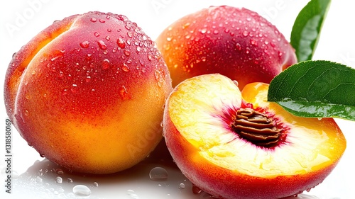 Fresh and juicy peaches with dew drops.