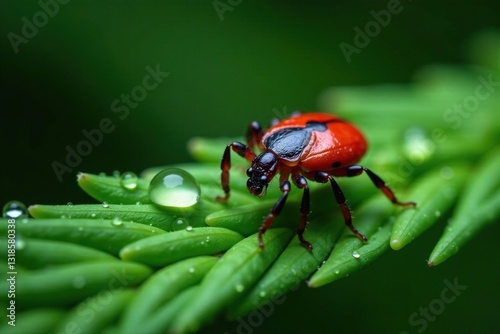 Ixodes persulcatus on a fir leaf with dew droplets, arboricola, tick, ixodes persulcatus photo