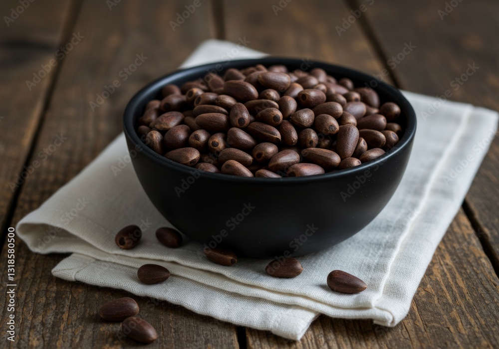 Fototapeta premium Black bowl of pine nuts on wood