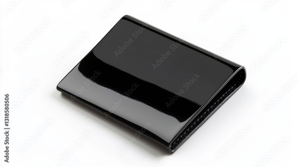 A shiny black leather wallet is displayed on a white background A shiny black leather wallet is displayed on a white background