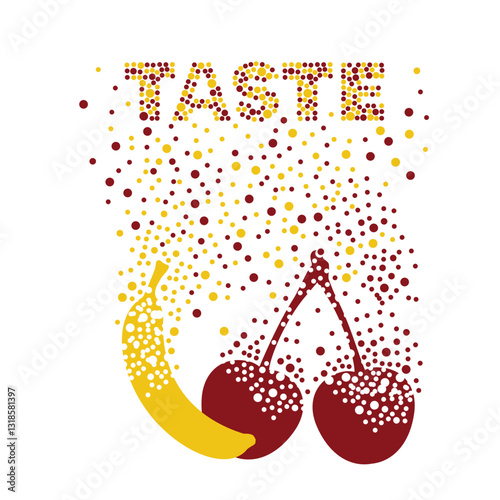 The сherry and banana dissolve into dots or bubbles to form the word "Taste"