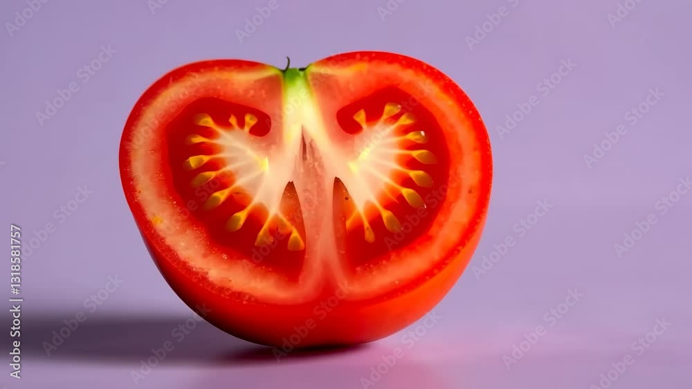 Rotating freshly sliced tomato on purple background highlights vibrant colors and juicy texture Rotating freshly sliced tomato on purple background highlights vibrant colors and juicy texture