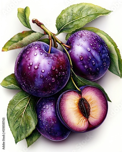 Fresh plums with droplets on vibrant leaves.
