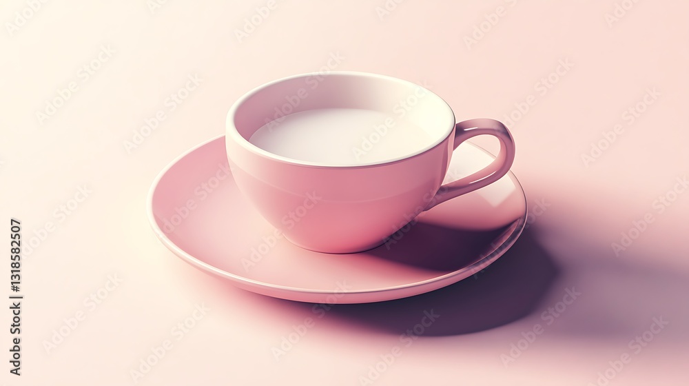 Pink teacup filled with milk sits on saucer Pink teacup filled with milk sits on saucer