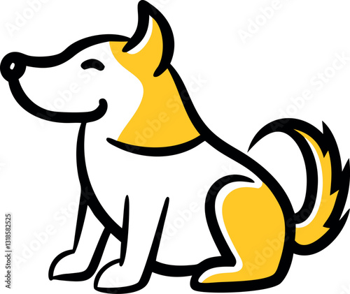 A dog sitting calmly with a yellow collar and tail in a charming design