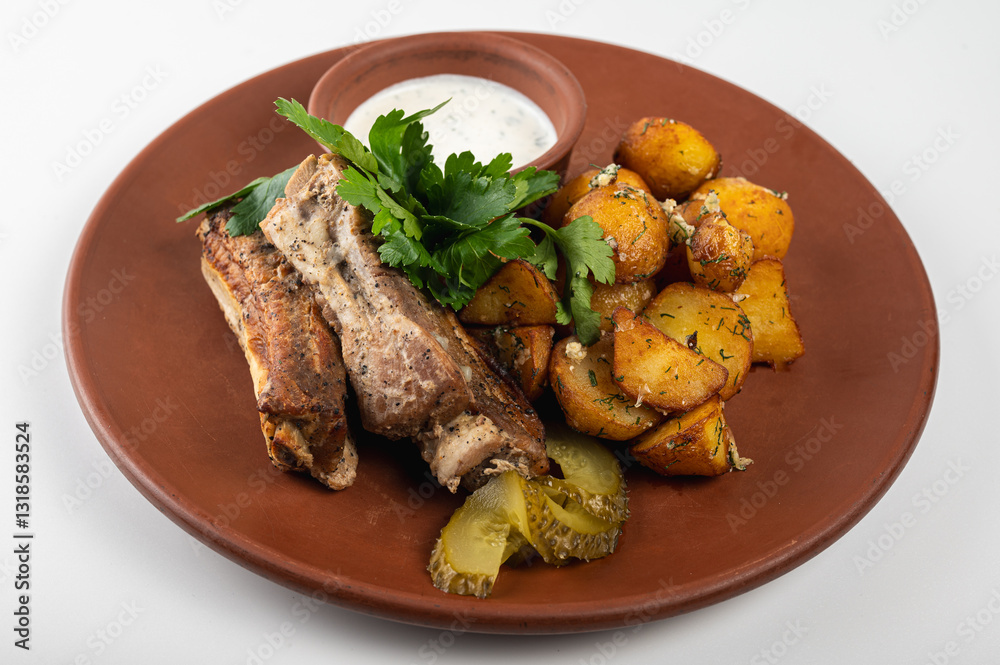 Delicious grilled pork ribs with golden roasted potatoes, pickles, and fresh parsley on a rustic clay plate. Served with creamy white sauce. Perfect homemade meal Delicious grilled pork ribs with golden roasted potatoes, pickles, and fresh parsley on a rustic clay plate. Served with creamy white sauce. Perfect homemade meal